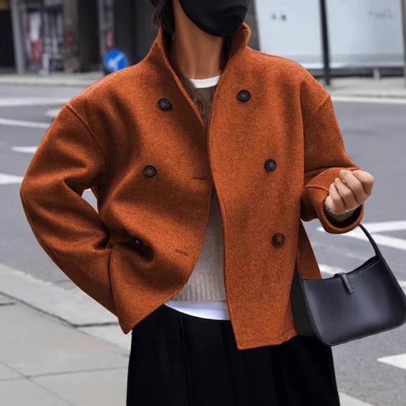 Womens Double Breasted Solid Color Woolen Coat Casual British Style Versatile Outerwear