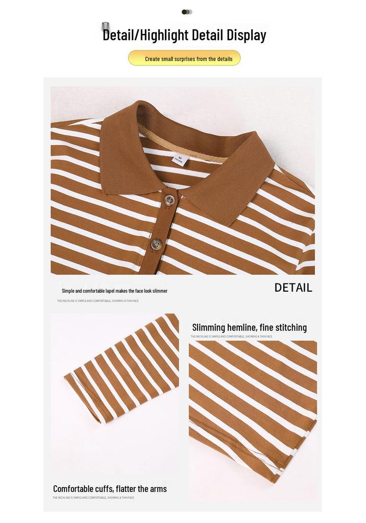Women's Striped Long Sleeve Pure Cotton Polo T-shirt - Versatile, Loose Fit for Spring/Autumn 2026