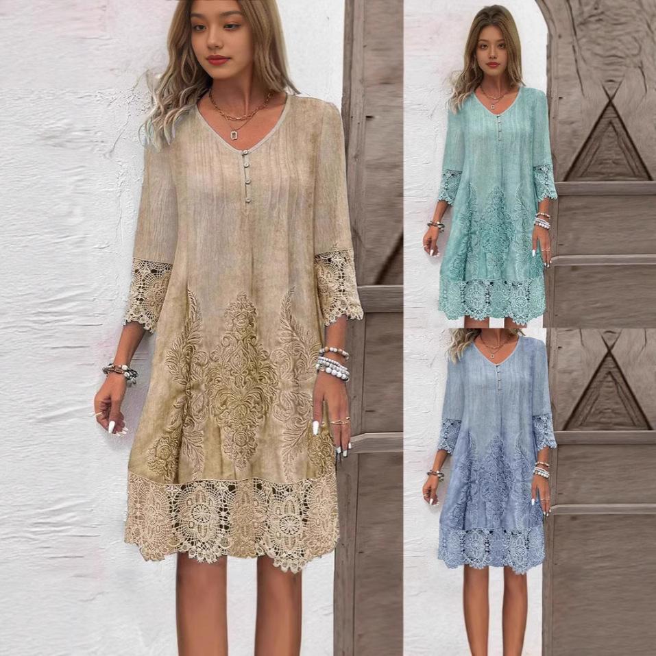 Womens V-Neck 3/4 Sleeve Summer Dress Fashion Flower Print Lace Hollow Out Mini Dress