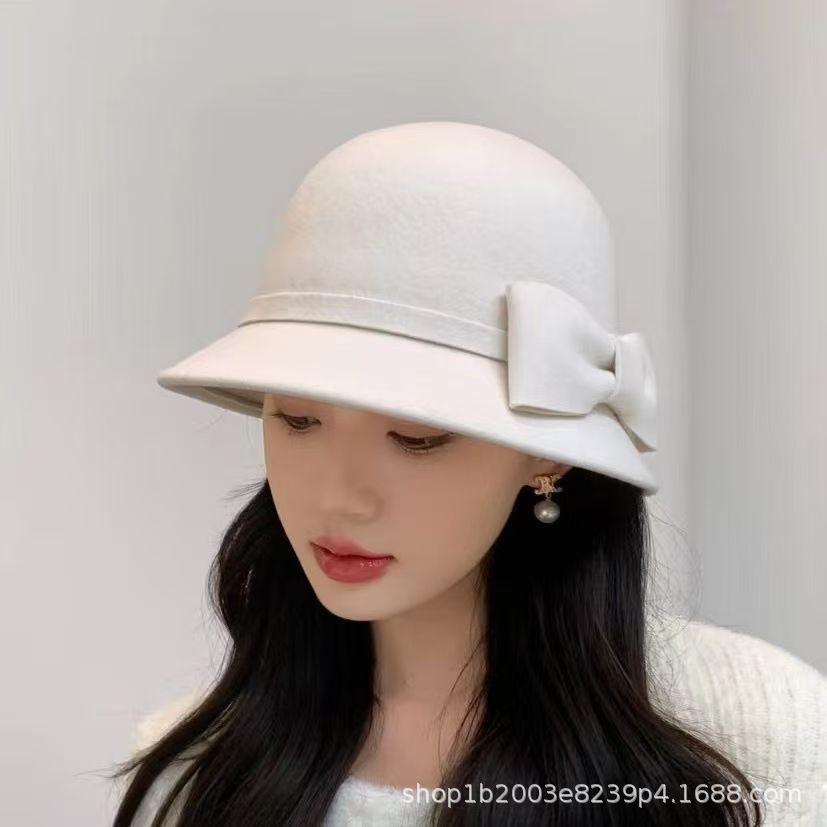 Temperament: woolen bow pot hat for women, winter versatile elegant warm bucket hat, Hepburn-style French daughter topper