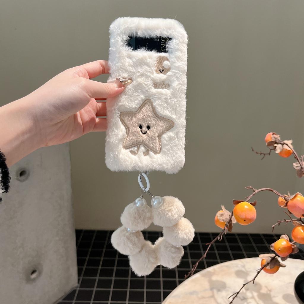 Cute Embroidered Moon Star Folding Plush Phone Case with Chain Fall Winter Warm Phone Accessories for Galaxy Z Flip 3 4 5 6