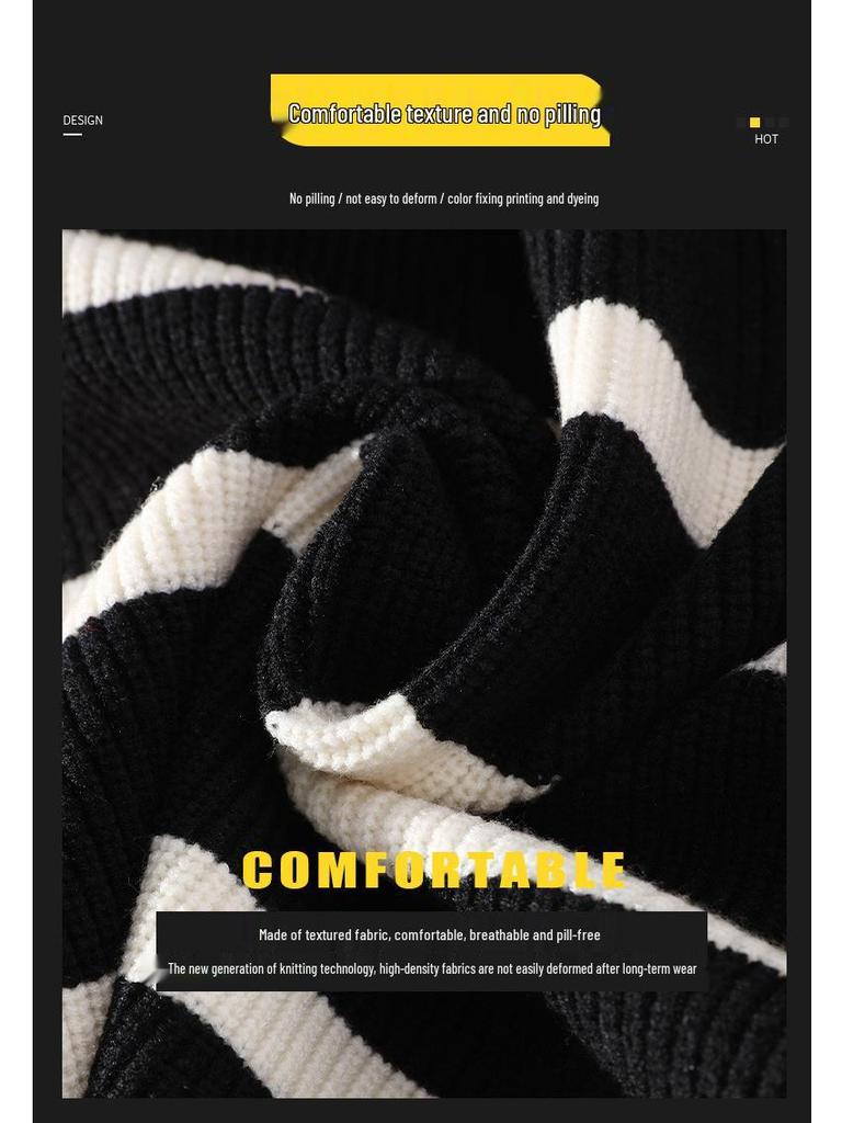 Herren Schwarz-Weiß Gestreifter Pullover mit halbem Reißverschluss und Stehkragen für Frühling & Herbst.