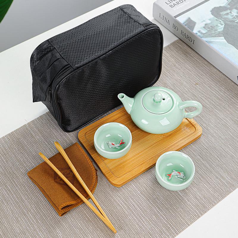 Celadon Carp Tea Cup Kung Fu Tea Set Gift Household Ceramic Portable Outdoor Travel Teapot Porcelain Teaset Tea Cups Set 2025