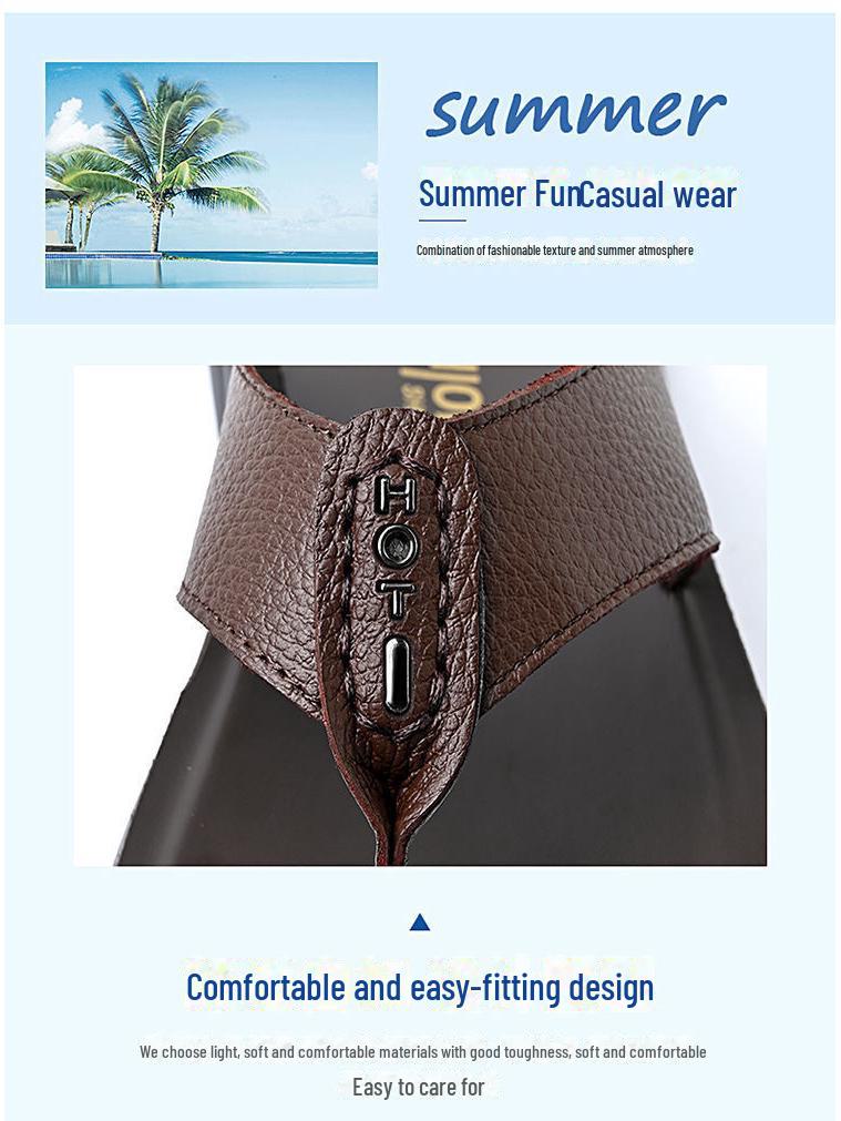 Men's Genuine Leather Summer Flip Flops - Breathable Non-Slip Beach & Casual Home Sandals