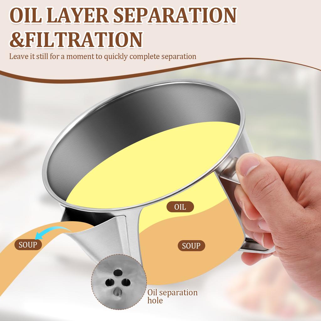 Oil Soup Seperator Stainless Steel Gravy Separator with Lid Multi-purpose Oil Filter Heat Resistant Fat Separator for Kitchen