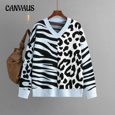 Autumn and Winter Women's Sweater Leopard Print V-neck Splicing Mixed Knit Sweater Pullover Long Sleeve Sweater