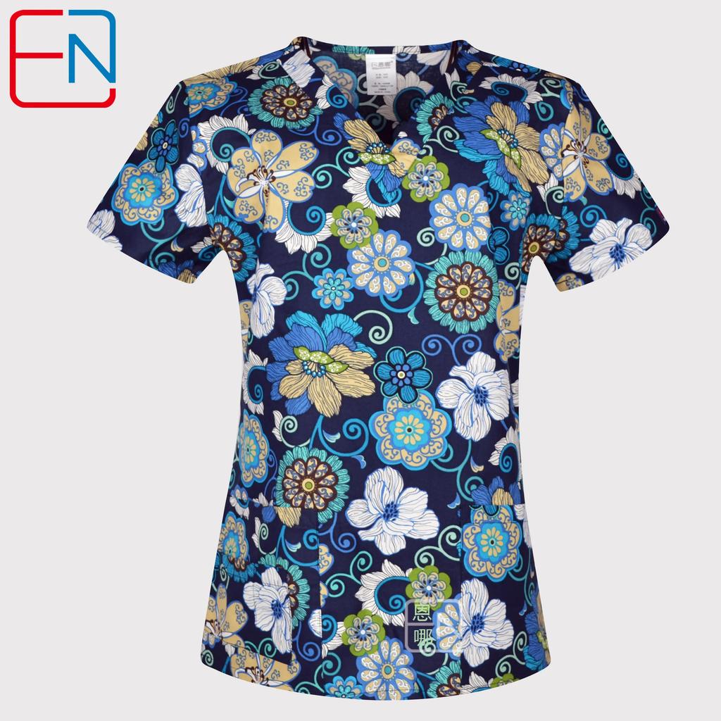 Hennar Uniforme de Trabalho Feminino 100% Algodão Estampado Uniformes Decote V Manga Curta XXS-3XL Hospitalar Clínico Uniforme de Trabalho Top