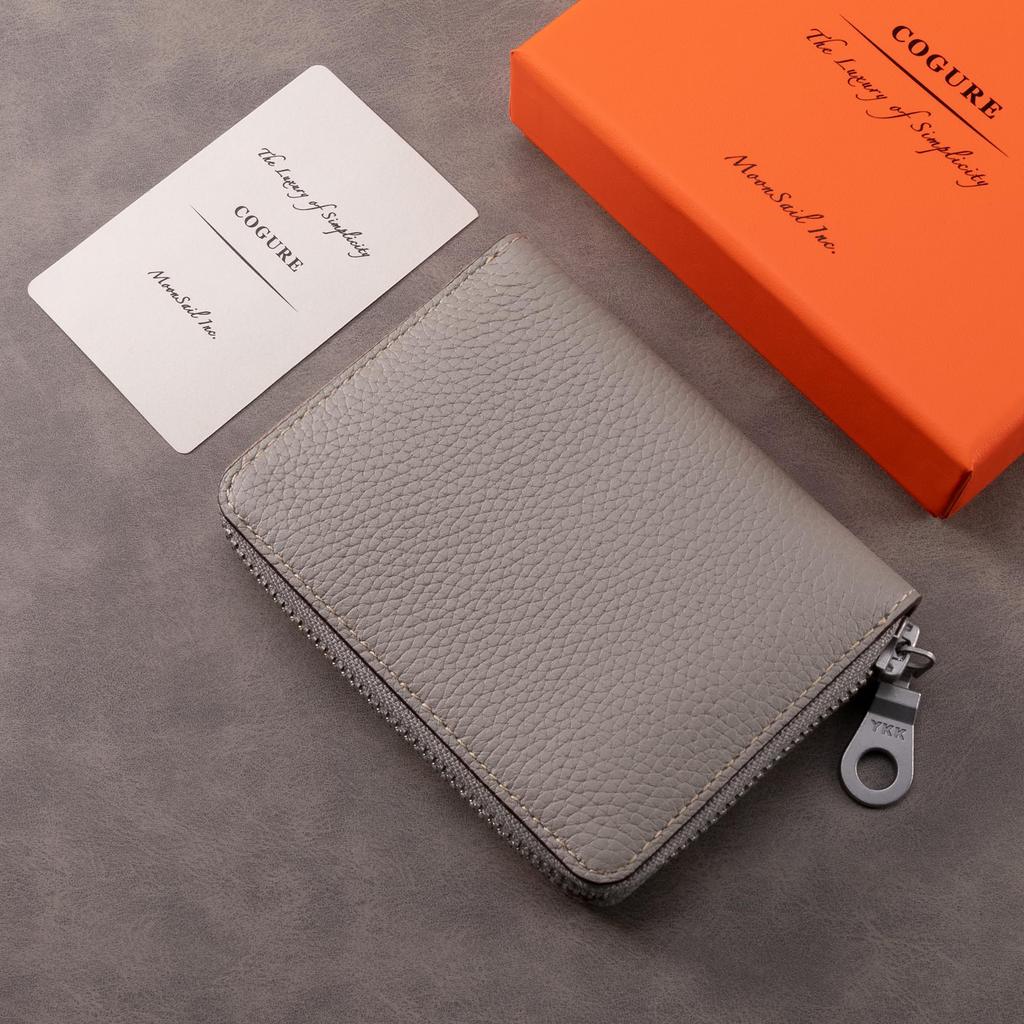 COGURE YKK Genuine Leather Compact Mini Wallet with Round Coin Card and Box Included for Men and Women Zipper, Purse, Slots, (COPZ-CP, Navy)