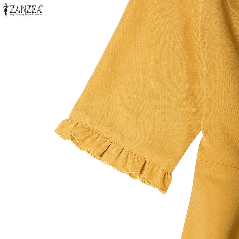ZANZEA Damska Codzienna Okrągły Dekolt Krótki Rękaw Wysoki Stan Elegancka Sukienka Trapezowa