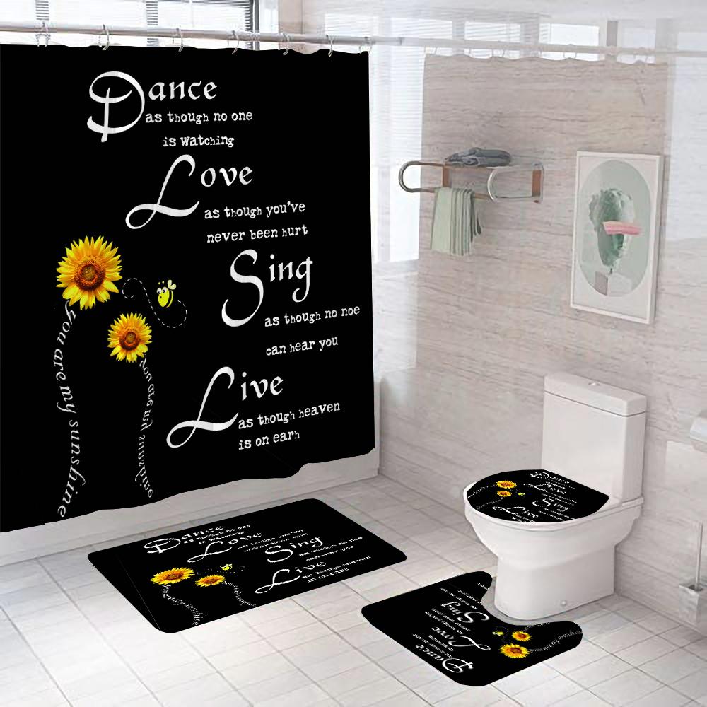 Magic Sunflower Butterfly Shower Curtain Sets Black Yellow Art Country Flower Bathroom Decor Curtains Bath Mats Rug Toilet Cover