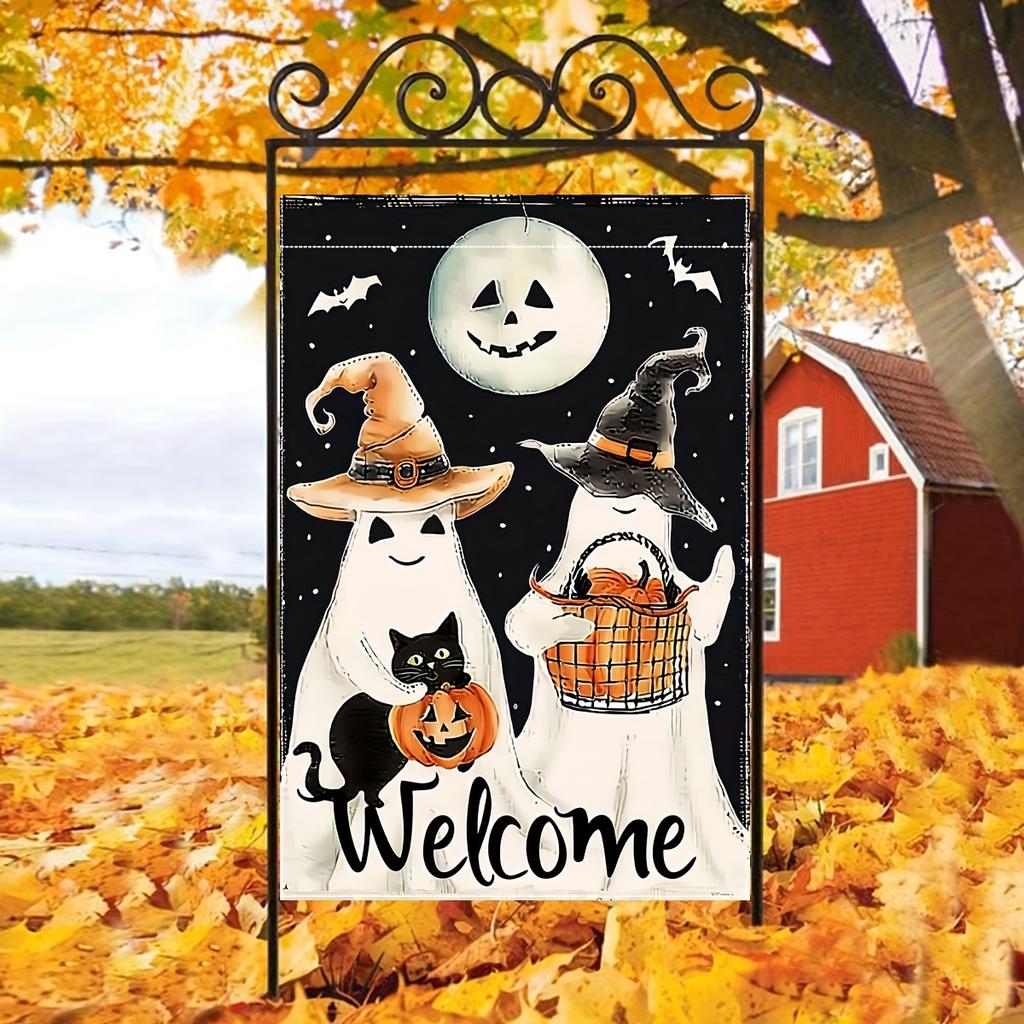 Charming Halloween Garden Flag - Double-Sided, Welcome Pumpkin & Ghosts Design with Bat Hat - Perfect for Porch & Outdoor Decor