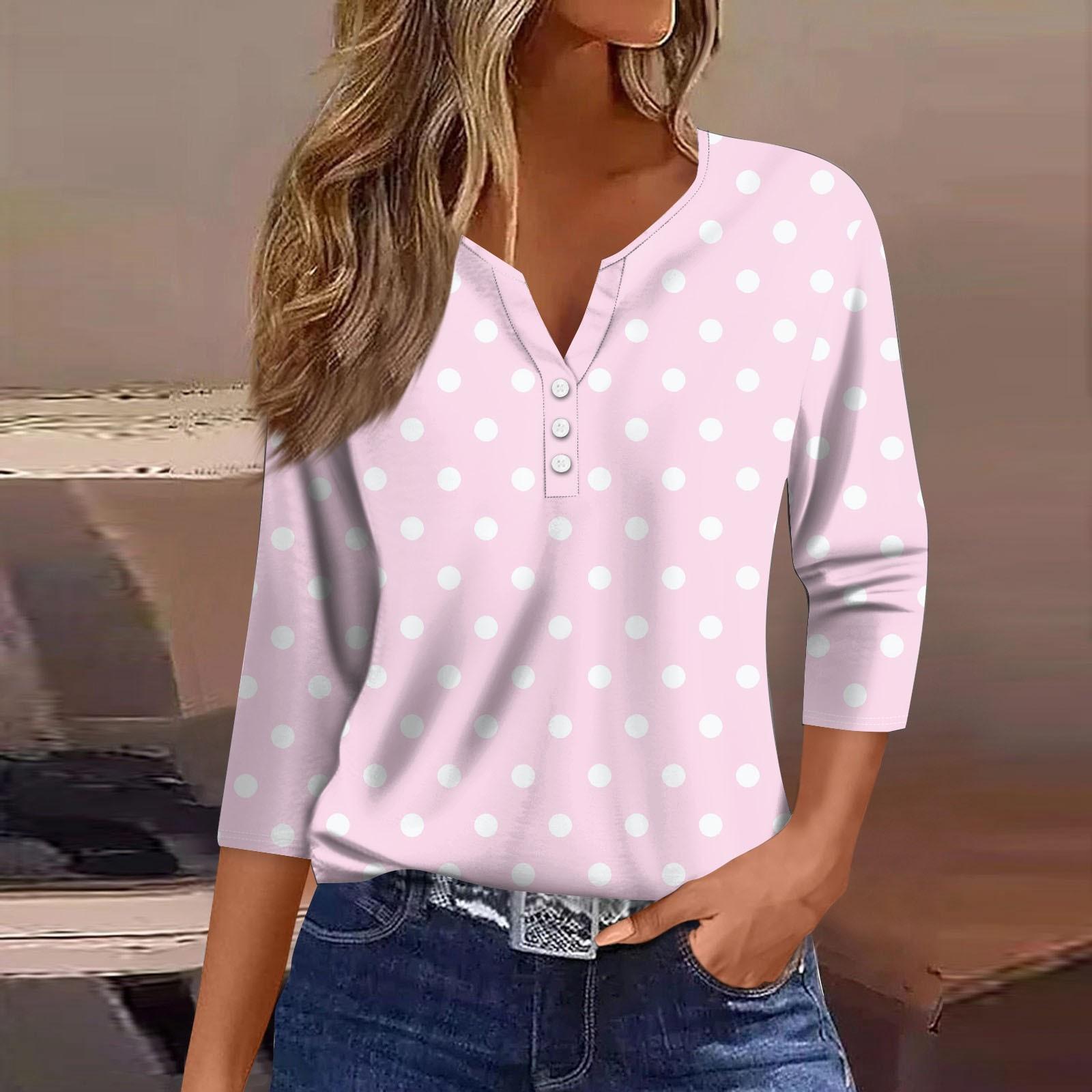 

Жен. Футболка Футболка С принтом Пуговицы Рукав 3/4 Повседневные Выходные Мода Классический Классический V-образный вырез Обычный Верх XXL розовый