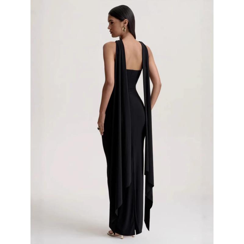 Women's Summer New Style Halterneck Streamers Twisted Braided Chest Open Back Slim Niche Long Dress Wholesale
