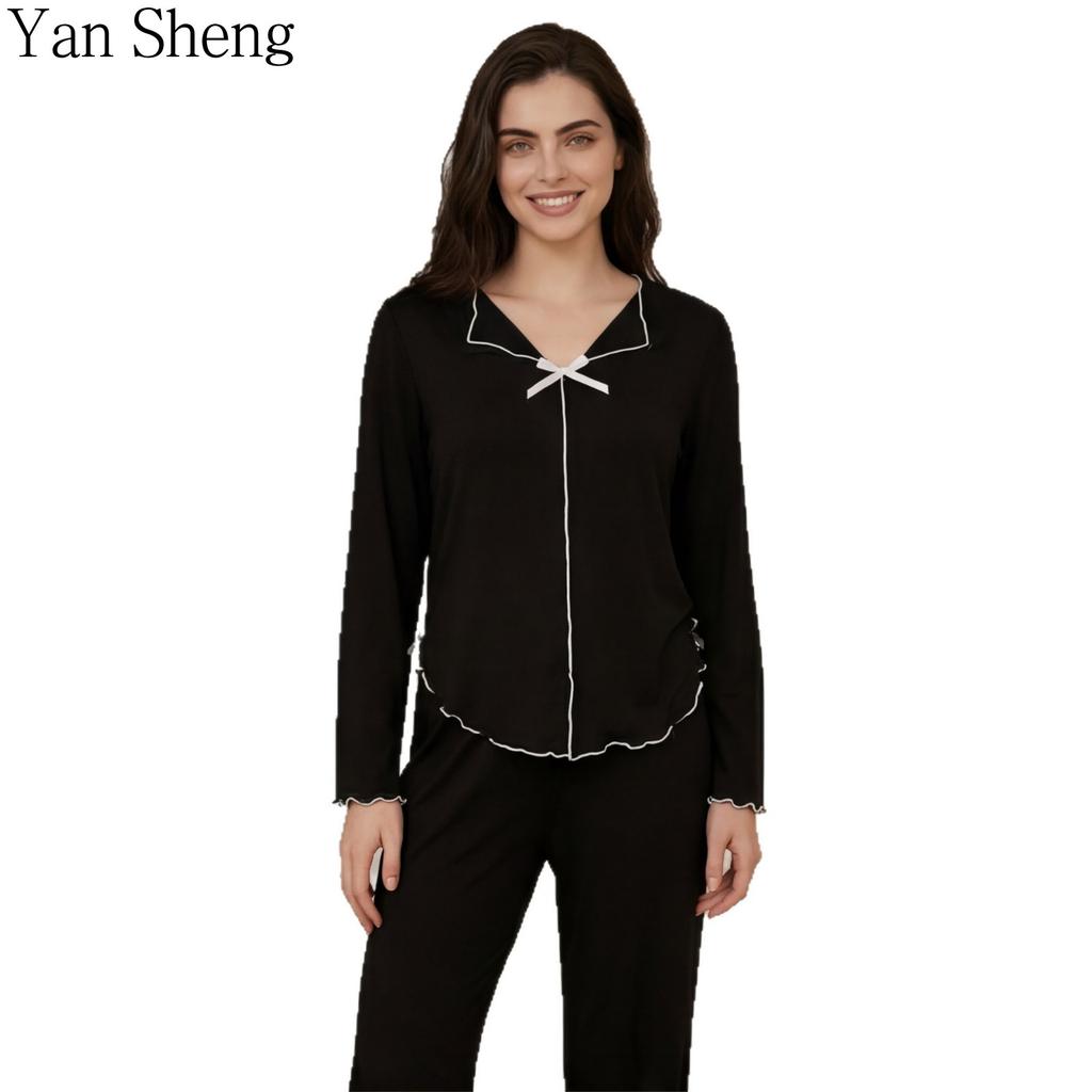 Long Sleeve Pajamas Set Women's Lapel Solid Color Home Clothes Knitted Cardigan Two-Piece Set