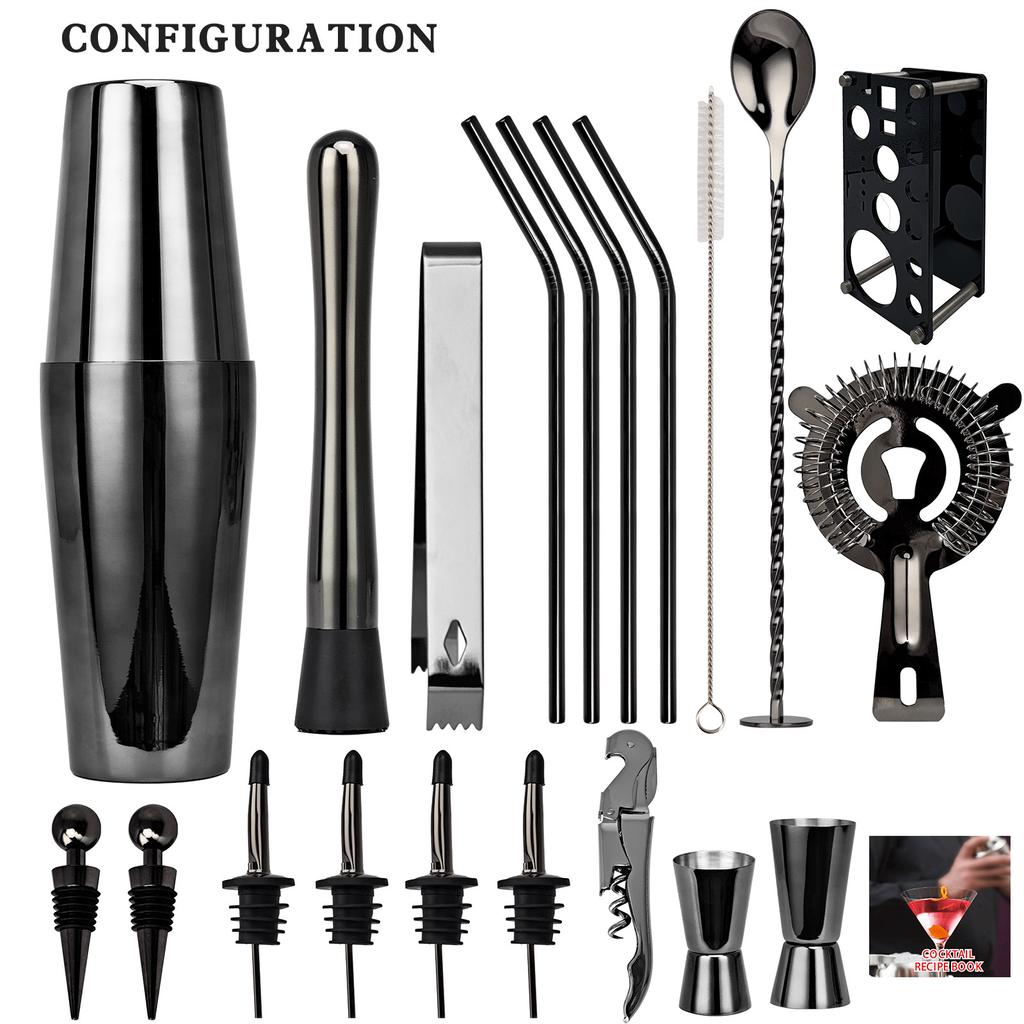 20pcs Black/Rose Gold/Silver 800/750/600ml Boston Shakers Bartender Kit Cocktail Shaker Set Bar Tools Stand Cocktail Recipe