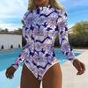 Women Long Sleeve One Piece Swimsuit Zip Front Texture Floral Fragments Print Rash Guard Surfing Bathing Suit