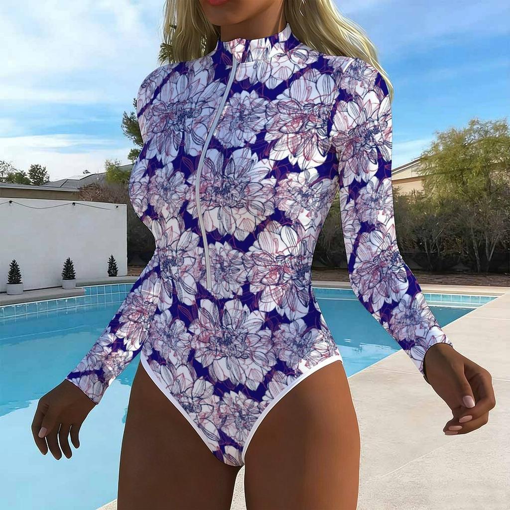 Women Long Sleeve One Piece Swimsuit Zip Front Texture Floral Fragments Print Rash Guard Surfing Bathing Suit
