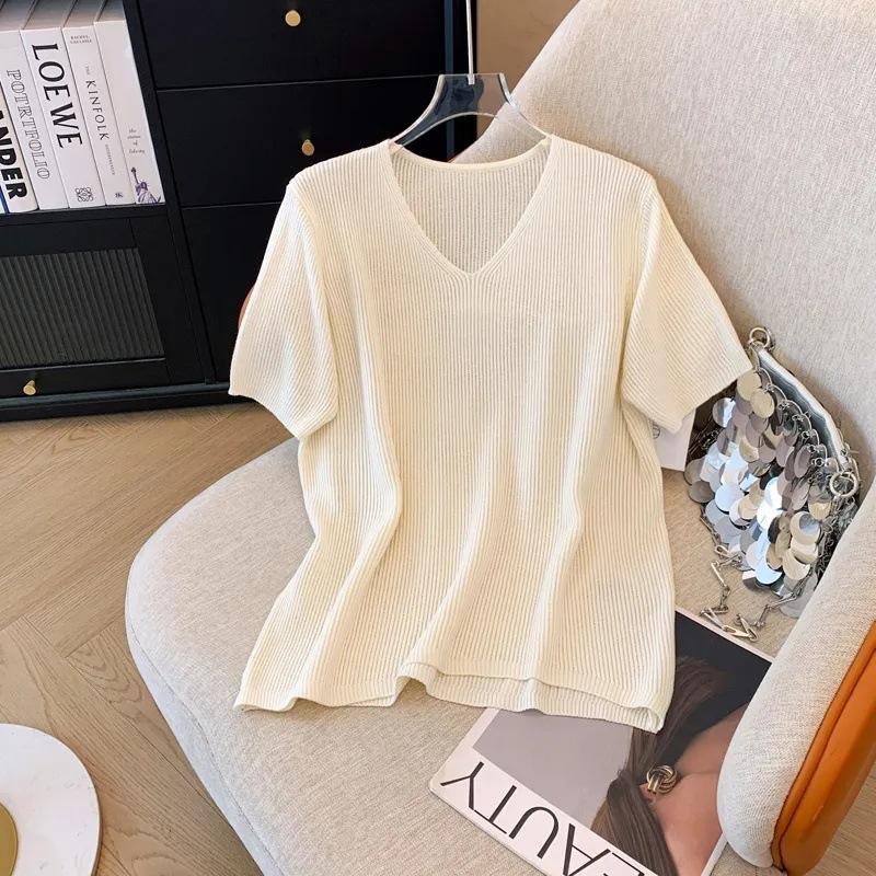 

Women s Ice Silk Knitted Sweater V-neck Short Sleeved Plus Size Summer Loose Top 2XL абрикосовий