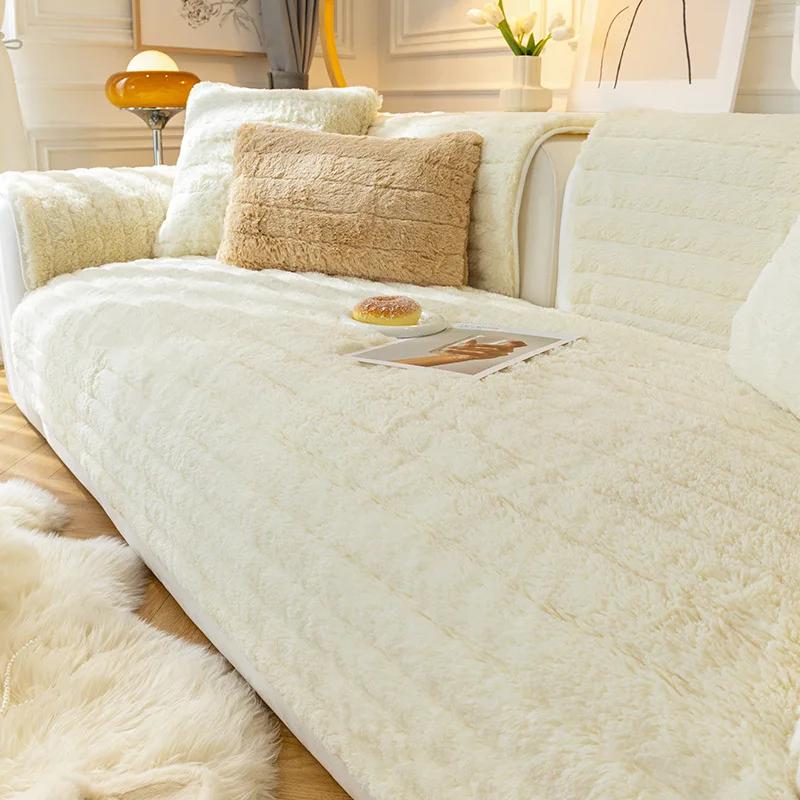 Super Soft Plush Sofa Towel Solid Color Modern Non-slip Couch Cushion Cover Thicken Warm Winter Bay Window Mat for Living Room