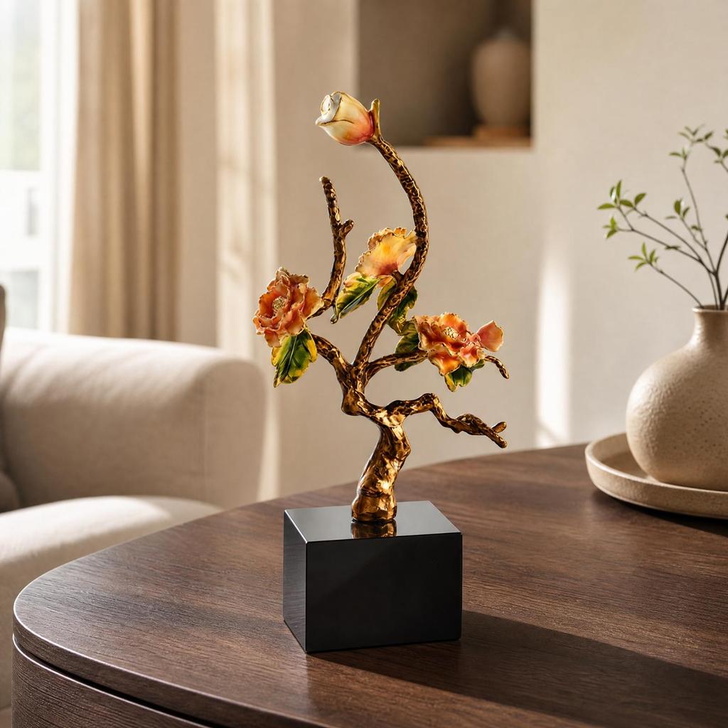Metal Tree Ornament with Crystal Base Elegant Floral Branch Tabletop Figurine