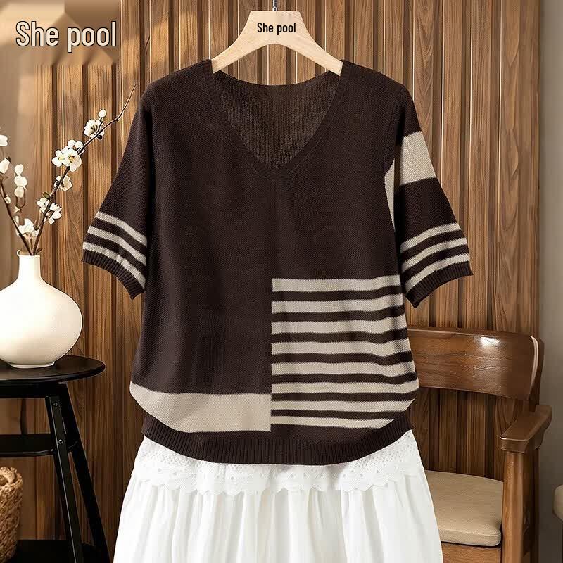 Women s Retro Loose V-Neck Short Sleeve Knitted T-Shirt L