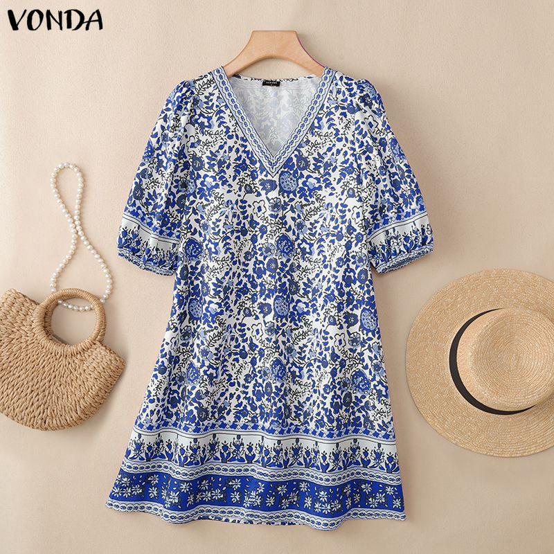 VONDA Summer Women Half Sleeve Floral Print Casual Bohemia Tunic Dress S синий
