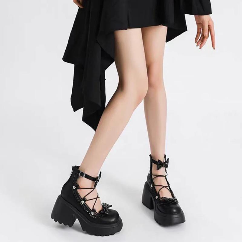 2025 Y2k Black Gothic Mary Janes Casual Pumps Chunky High Heels Goth Bow Tie Decor Lolita Platform Shoes Women