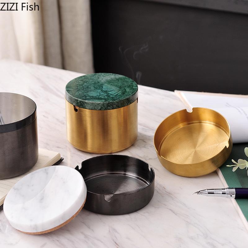 BREuropean Style Marble Alloy Ashtray with Lid Anti Fly Ash Luxury Stainless Steel Car Brass Color Multifunctional Ashtray DecorEY