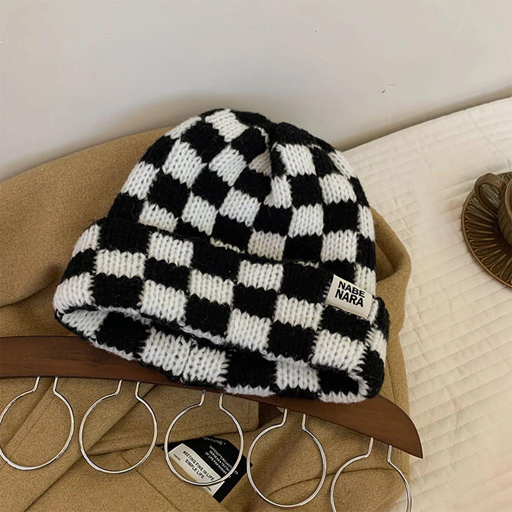 Vintage Plaid Beanie Cap for Women Autumn Winter Warm Knitted Woollen Hat Outdoor Anti-cold Skullies Caps
