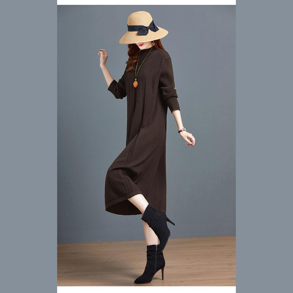 Long Knee-length Knitted Dress for Women In Autumn and Winter Solid Color Loose Plus-size Sweater Dress Half Turtleneck Sweater A-line Dress