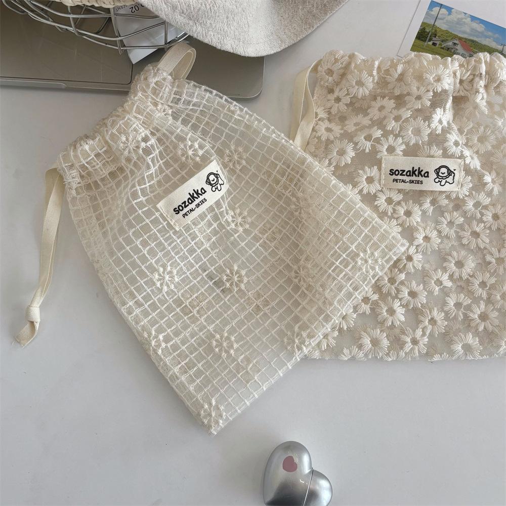 Lace Embroidered Daisy Mesh Drawstring storage Bag Cute Summer Travel Cosmetic Toiletry Organizer Storage Pouch