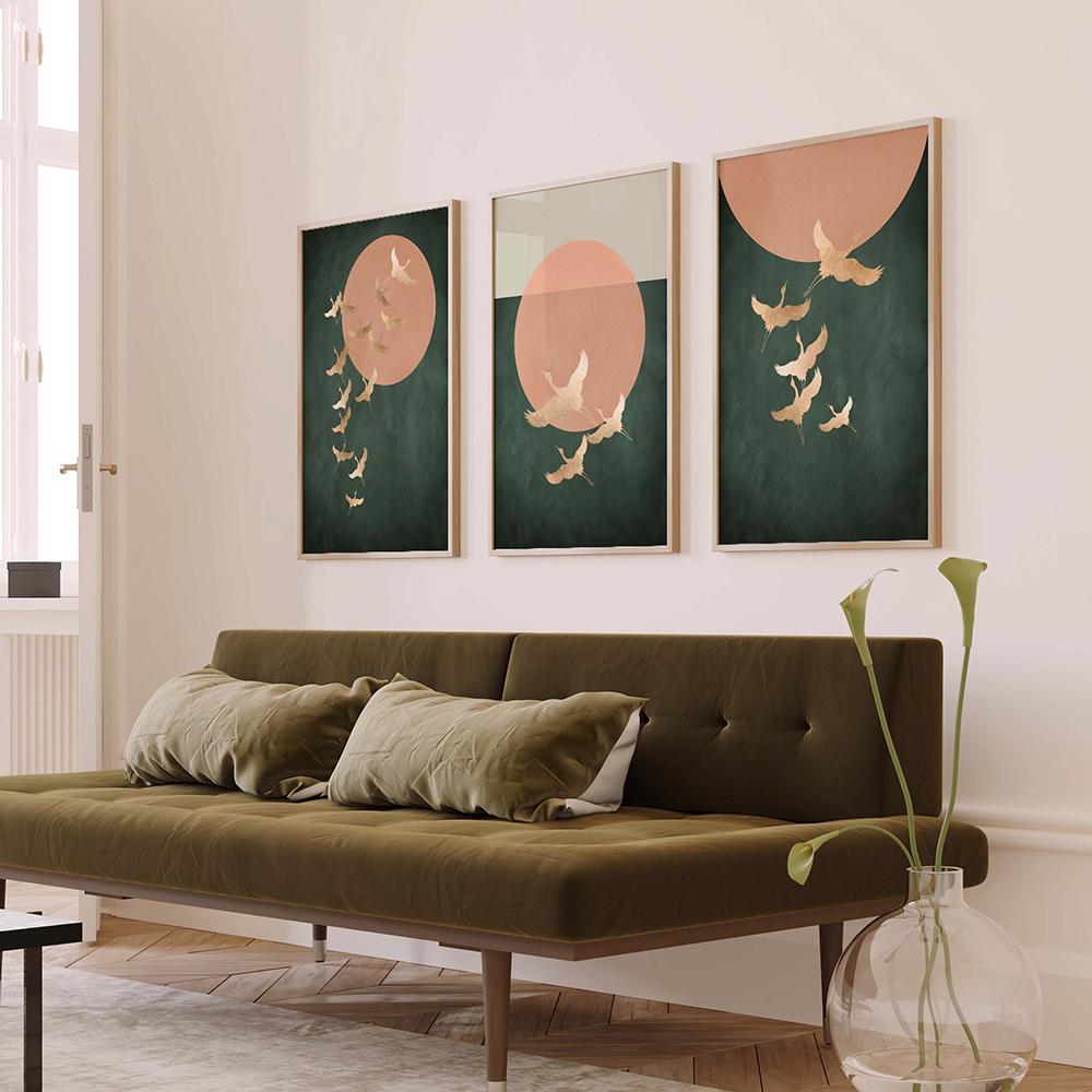 Sage Green Cranes Wall Art Prints Set of 3 Prints Japanese Wall Art Japandi Art Birds Minimalist Living Room Decor Gift Poster