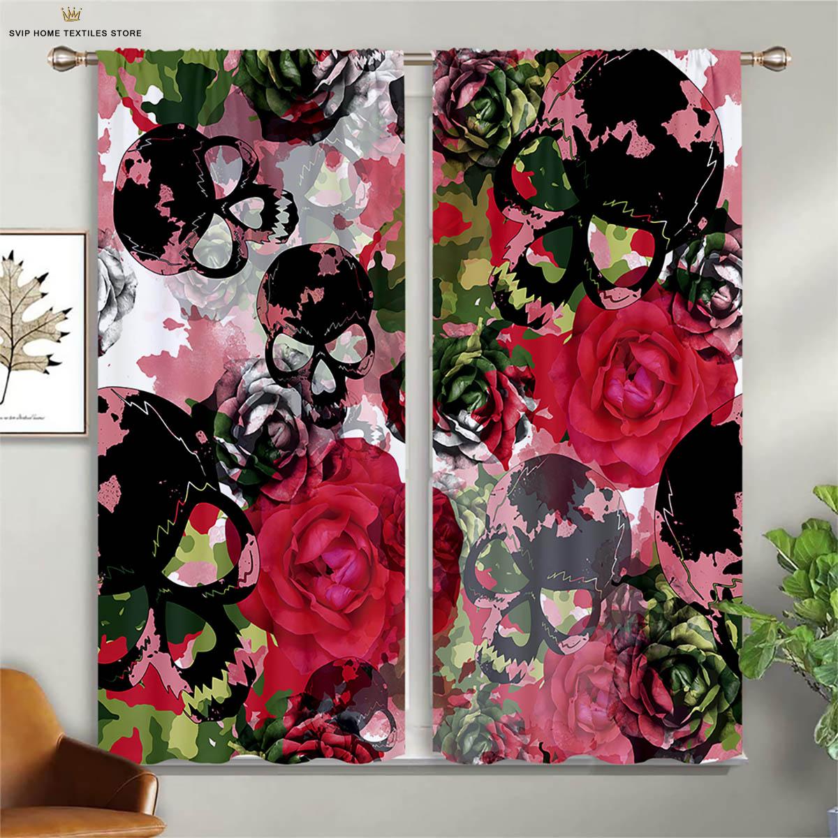 

Красочные узоры Цветочные Черепа 3D Печать Шторы, Хэллоуин, Фестиваль, Украшения для вечеринки, Подходит для спальни, столовой W50X130H(CM)X2PCS&Rod pocket