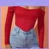 Fishbone Sheer Mesh Crop Top With One Shoulder Long Sleeves For Adult Women