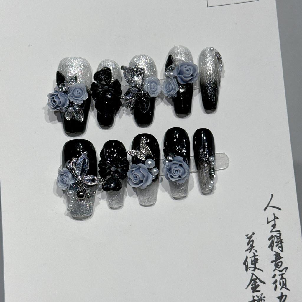 HANDMADE Trapezoid Coffin Shaped Artificial Nail Dark Rose Heavy Industry Light Luxury Phototherapy Nails Fake Nails Reusable and Removable Nails