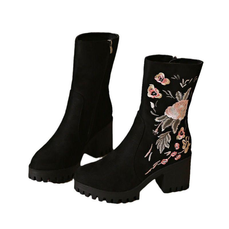 Autumn embroidery 2025 mid-heel fashion boots femininity thick heel large size European and American thick-soled suede mid-tube boots