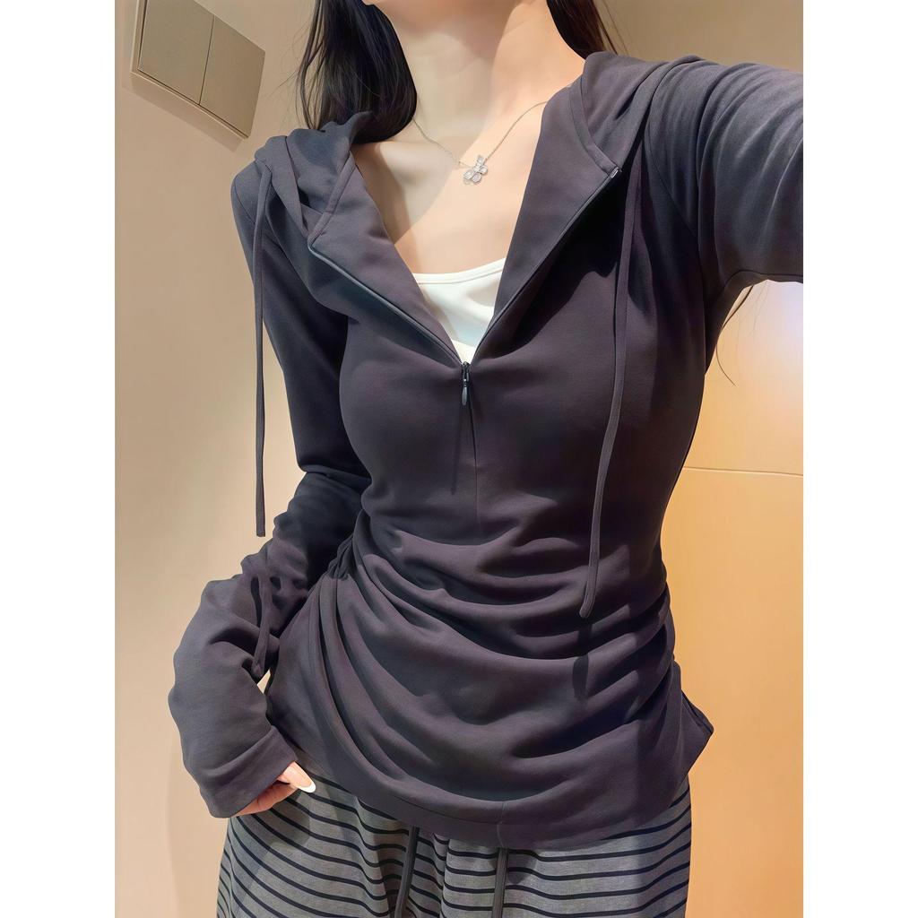 Women's Korean-Style Grey Two-Piece Look Hooded Cropped Long-Sleeve T-Shirt with Slim Fit Fleece Inner Layer for Spring/Autumn