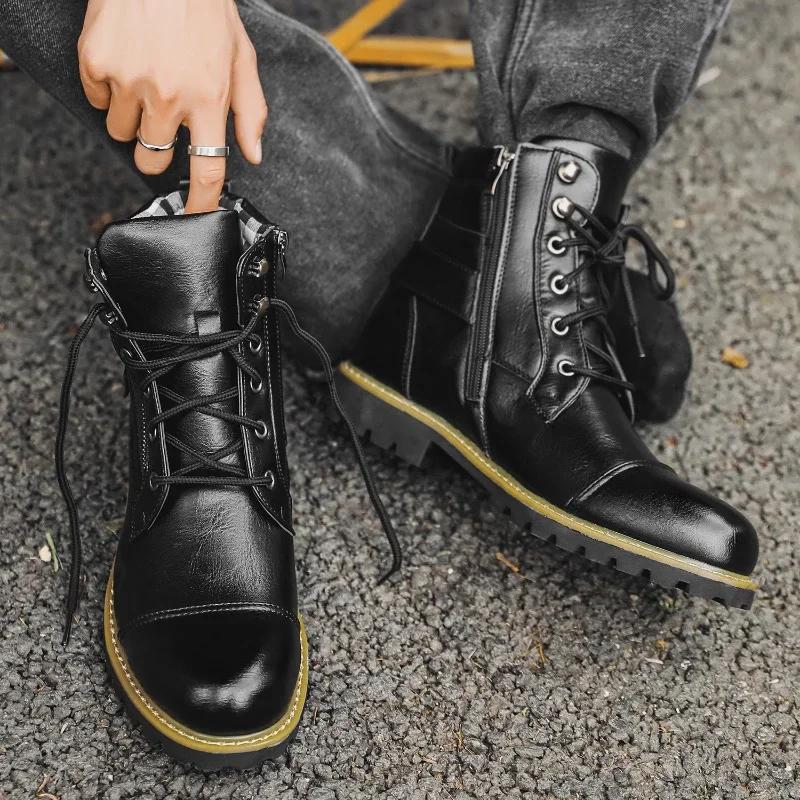 Shoes for Men Luxury Leather Ankle Boots Fashion Zipper Motorcycle Boots Retro High Top Men's Shoes Designer Plus Size 48 Boots