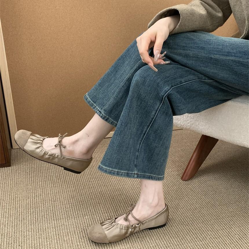 ~ Retro Pleated Lace-up Flat Mary Jane Shoes Shallow Mouth Single Shoes Women's Round Head One Pedal Ballet Shoes
