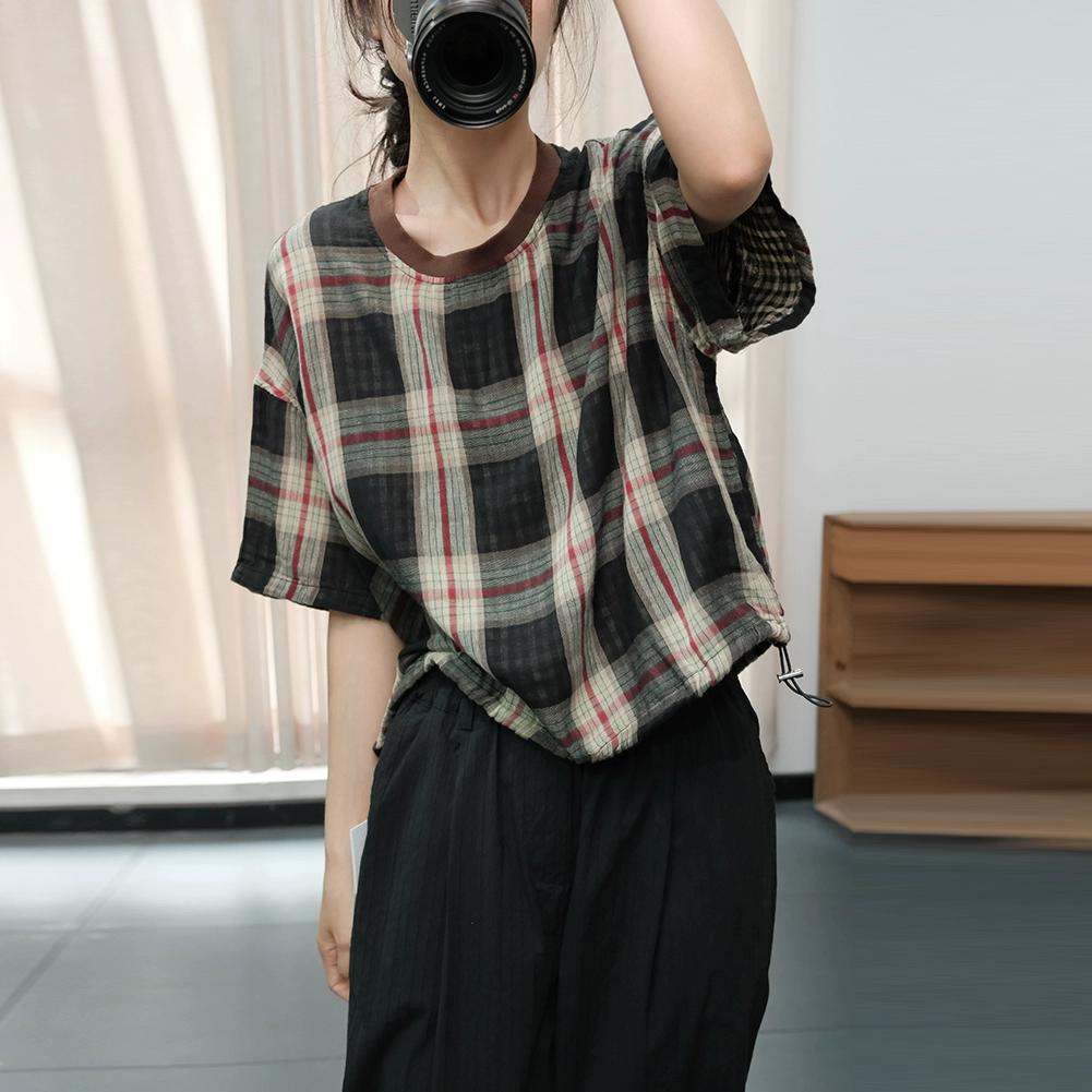 

DIMANAF 2025 Летняя льняная клетчатая футболка Женская с принтом Свободная футболка с коротким рукавом Черная One size чёрный