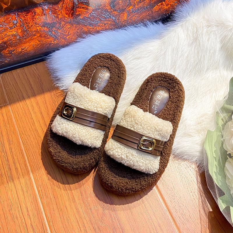 2025 new wool shoes women's winter wear soft-soled slippers lamb wool belt buckle velvet warm women's shoes