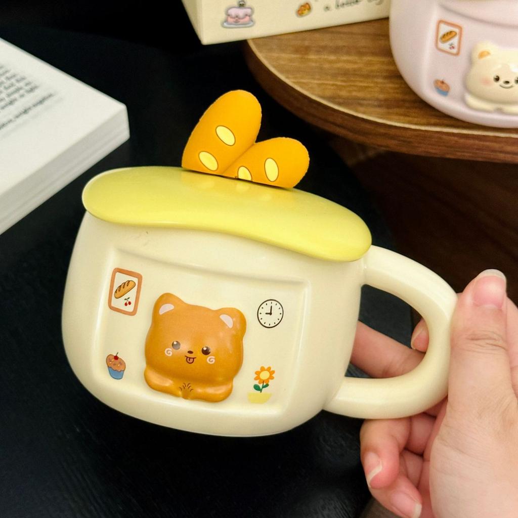 Cute Ceramic Mug with Lid Creative Household Milk Oatmeal Cup  Cheese Bread  Cute Bear Cartoon Cup  Souvenir