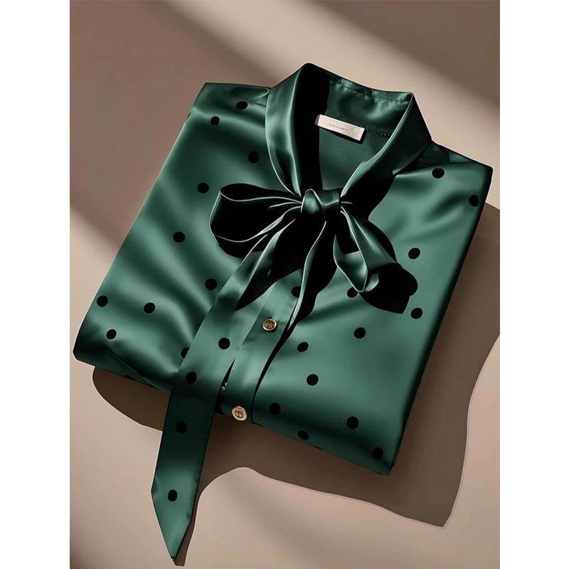Elegant High Quality Satin Polka Dot Print Shirt Women Office Lady Business Casual Chic Blouse Lace-up Bow Long Sleeve Loose Top