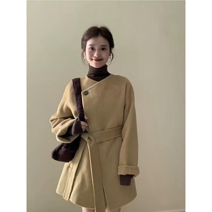 

Короткое пальто из французской шерсти с драконом и фениксом - Маленький размер, свободный крой для осени/зимы Large