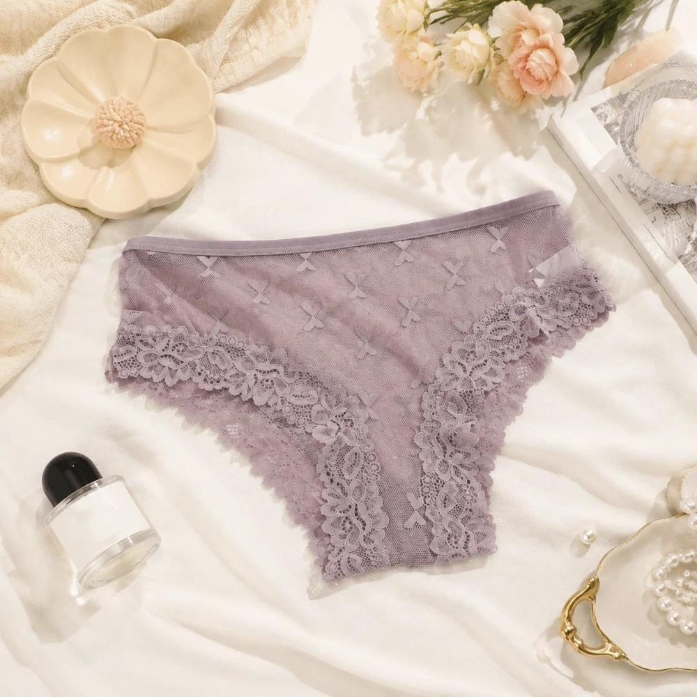 Seamless Lace Trim Briefs Transparent Women Lace Panties Breathable Sheer Mesh Underwear  Girls