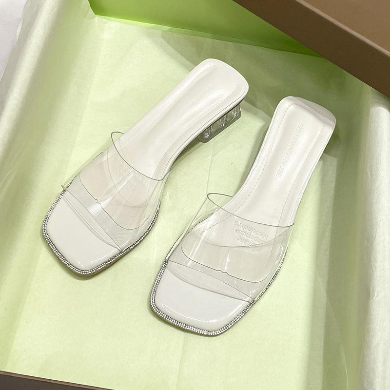 

2025 лето новая мода туфли на высоком каблуке женские прозрачные туфли на танкетке уличная обувь в виде одной полосы фея крутые тапочки тренд 40