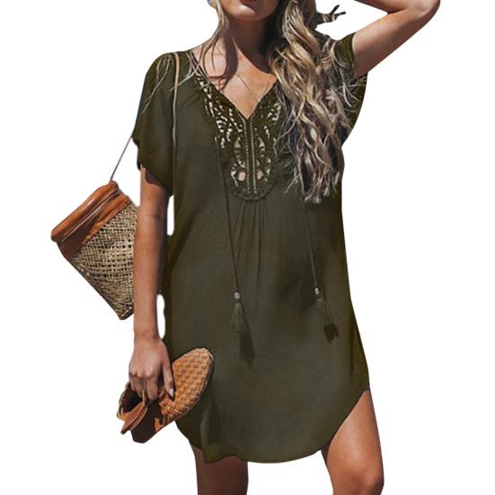 Sommer Strand Damen Unifarben Spitze Nähte V-Ausschnitt Kurzarm Minikleid