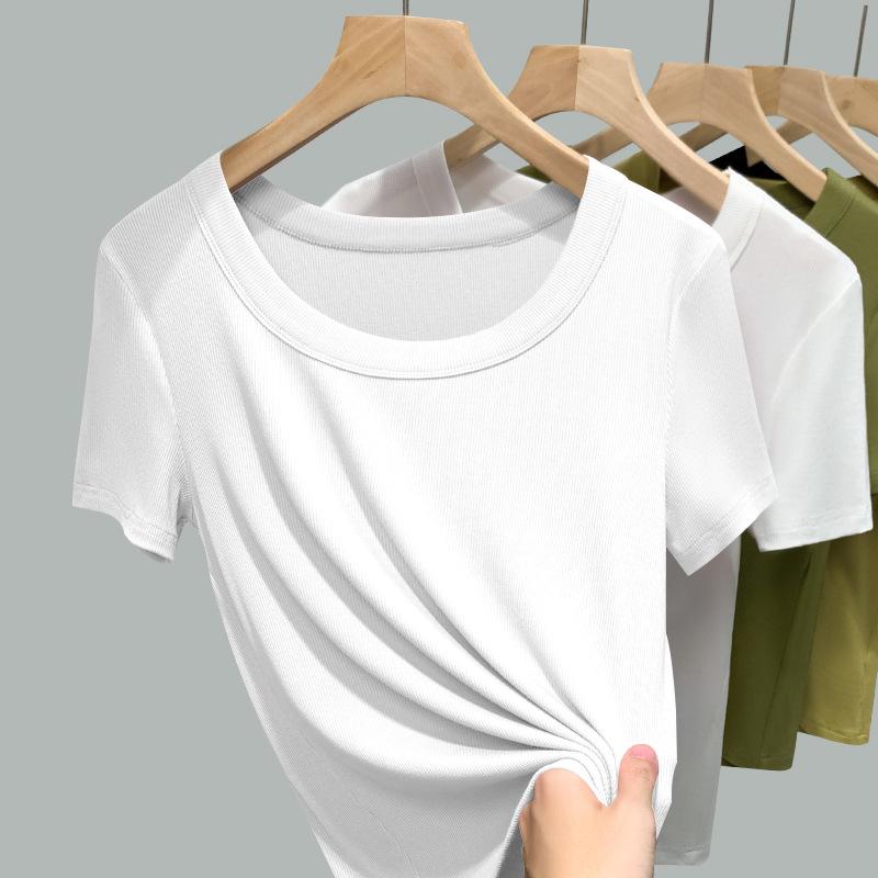 2026 Hochwertiges einfarbiges geripptes T-Shirt mit U-Ausschnitt zur Figurformung