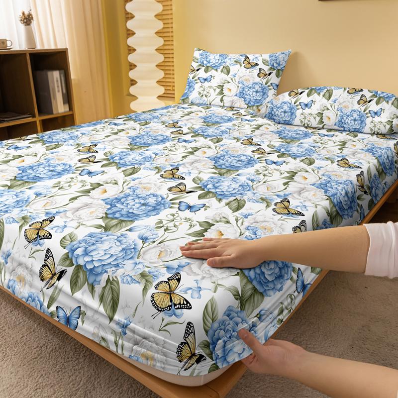 1 Simple Modern Plant Flower Butterfly Printed Matte Fitted Sheet, Bedroom Printed Bed Cover, Bedding (Excluding Pillowcases)