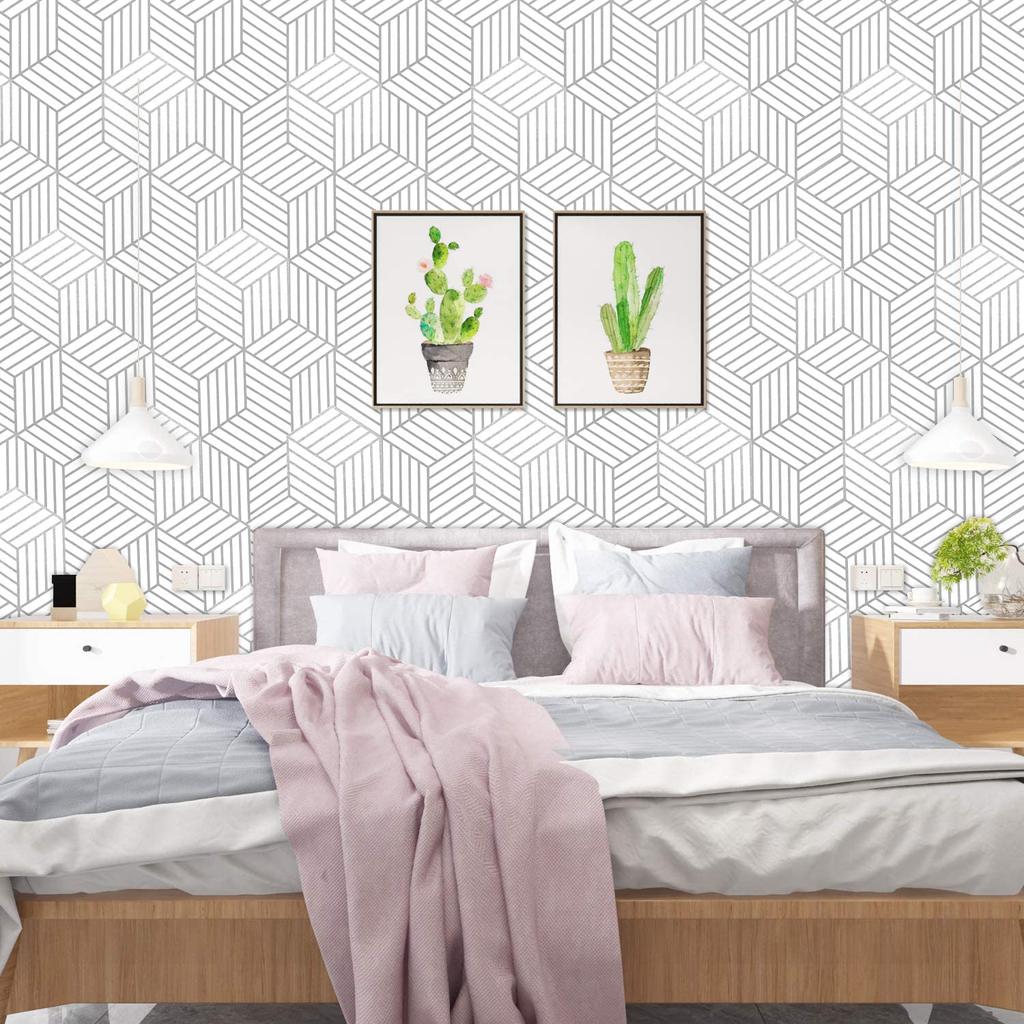 Geometric Hexagon Peel and Stick Wallpaper White and Silver Self Adhesive Wall Paper Removable Contact Paper for Cabinet Drawers